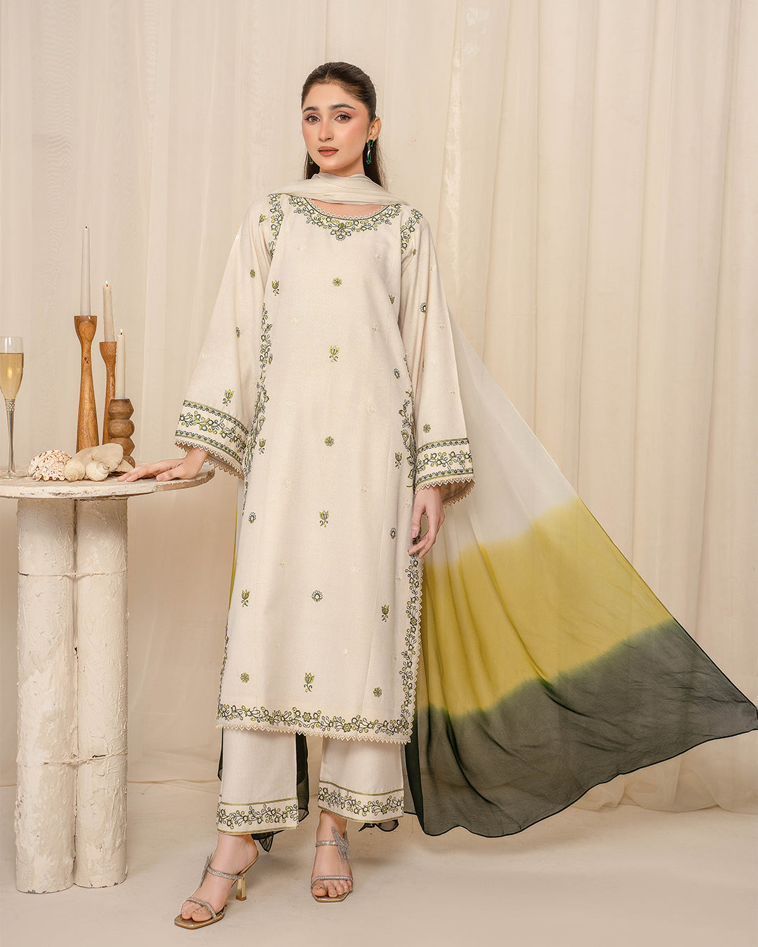 Ivory Embroidered 3-Piece Lawn Suit with Ombre Printed Chiffon Dupatta