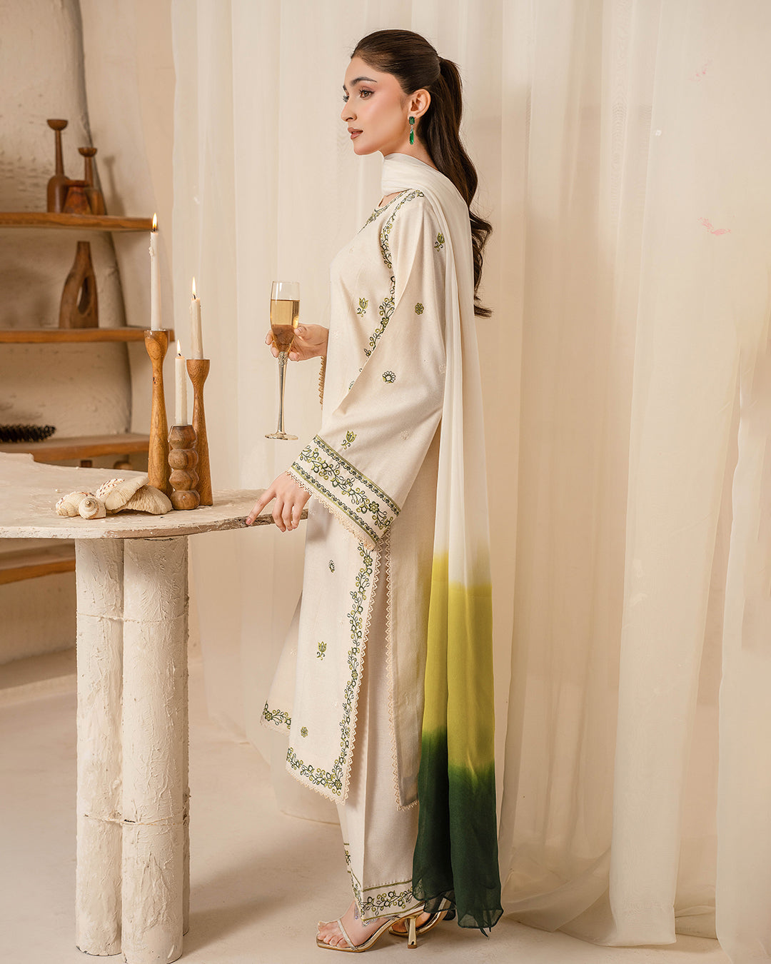 Ivory Embroidered 3-Piece Lawn Suit with Ombre Printed Chiffon Dupatta