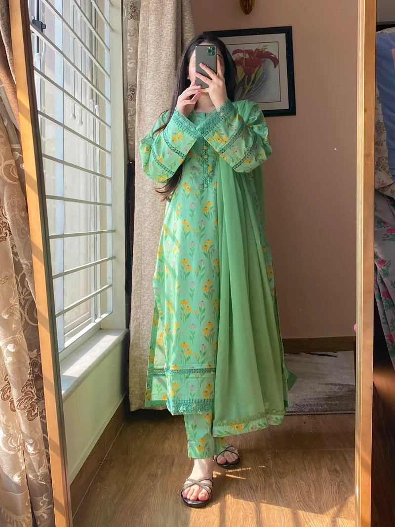 Mint Green Floral Printed 3-Piece Suit with Embroidered Details