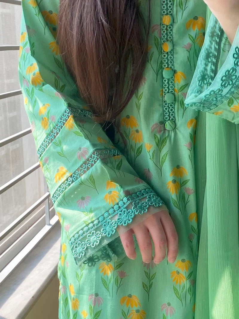 Mint Green Floral Printed 3-Piece Suit with Embroidered Details