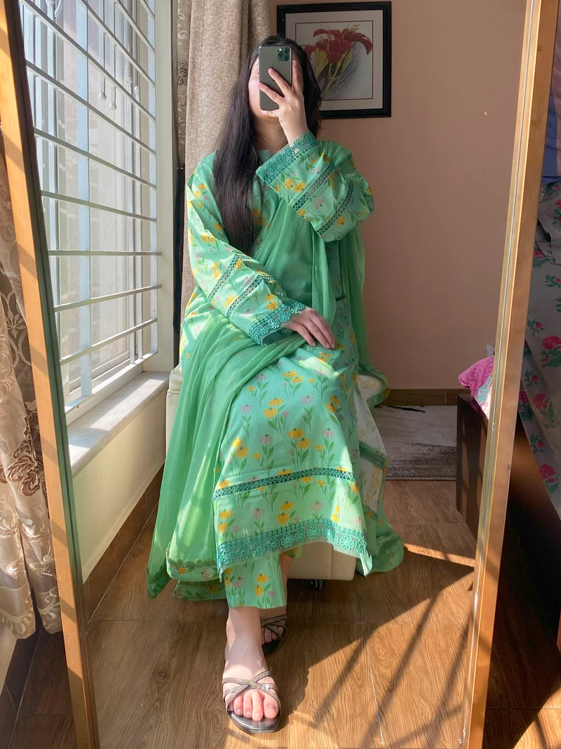 Mint Green Floral Printed 3-Piece Suit with Embroidered Details