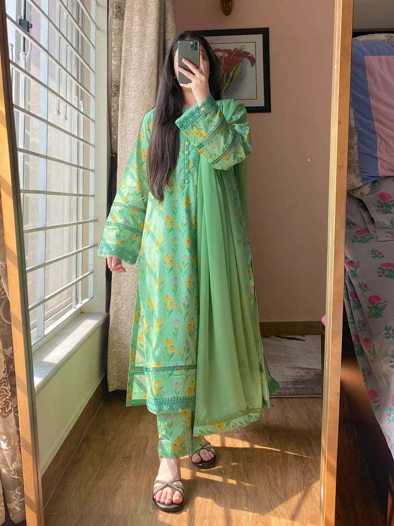 Mint Green Floral Printed 3-Piece Suit with Embroidered Details