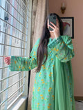 Mint Green Floral Printed 3-Piece Suit with Embroidered Details