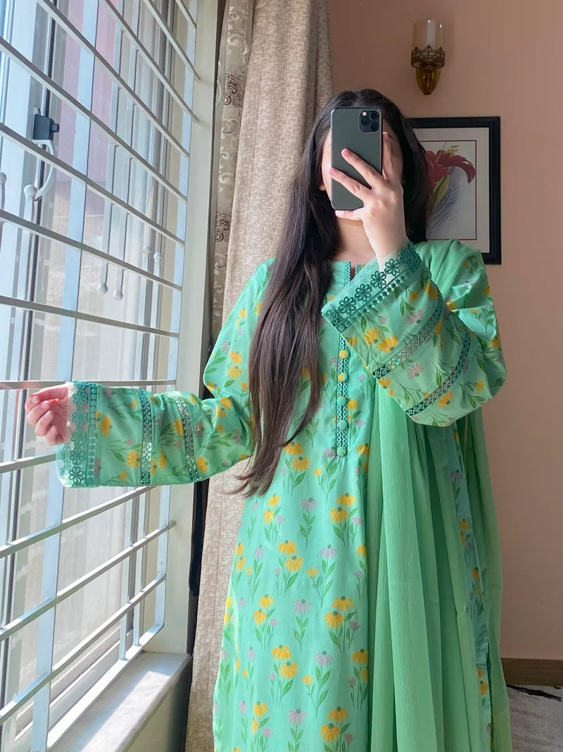 Mint Green Floral Printed 3-Piece Suit with Embroidered Details