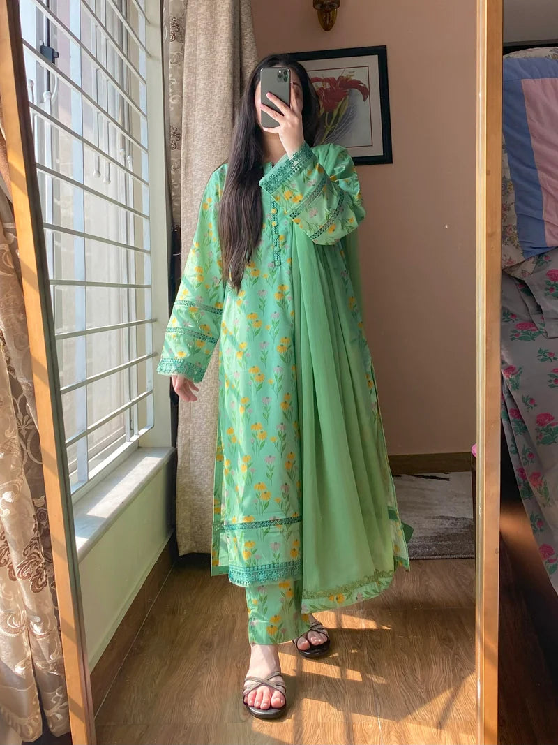 Mint Green Floral Printed 3-Piece Suit with Embroidered Details