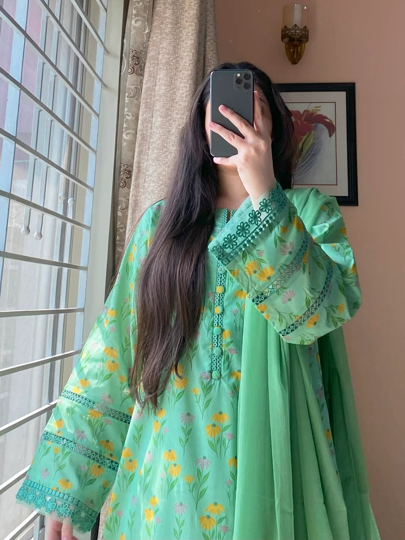 Mint Green Floral Printed 3-Piece Suit with Embroidered Details