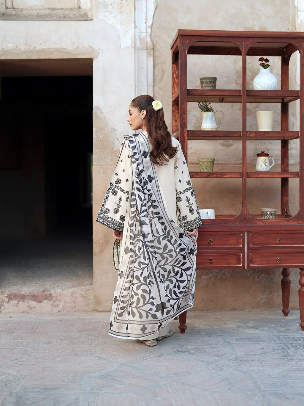 Elegant Ivory & Black Embroidered 3-Piece Suit with Printed Dupatta