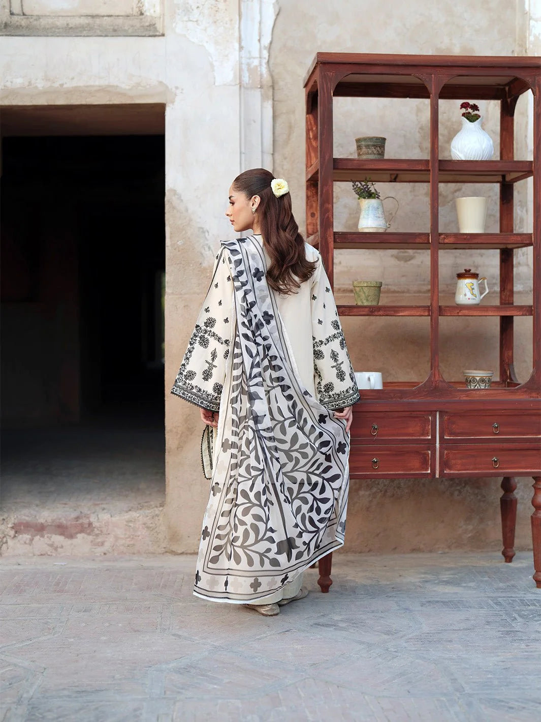 Elegant Ivory & Black Embroidered 3-Piece Suit with Printed Dupatta