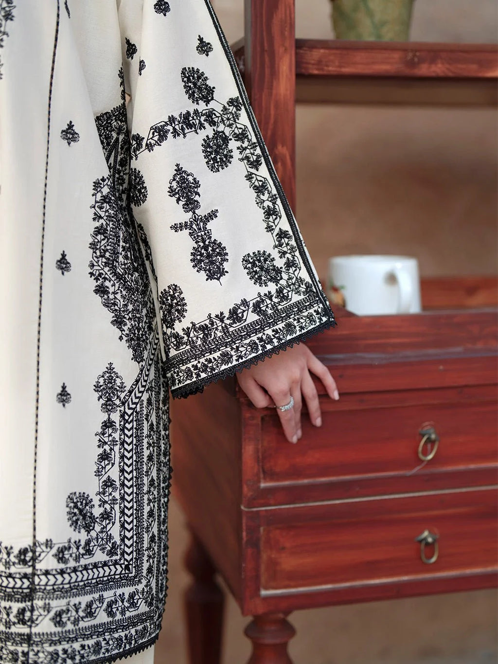 Elegant Ivory & Black Embroidered 3-Piece Suit with Printed Dupatta